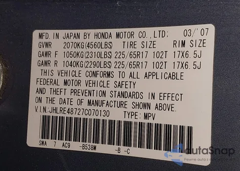 2007 Honda Cr-V Ex-L from USA, damaged, VIN JHLRE48727C070130